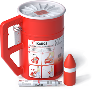 Product image of the line thrower. This emergency product is used between ships or between ship and shore, with a range of 300 meters.